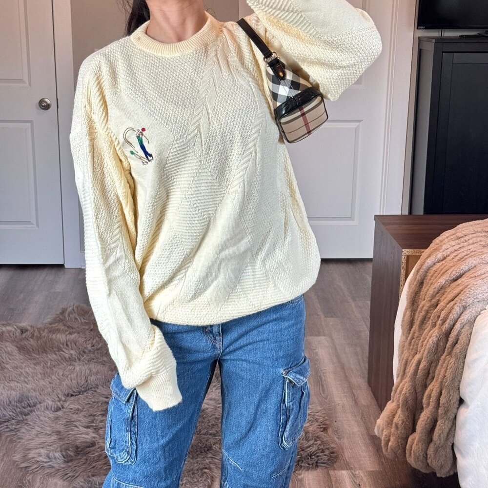 Vintage Y2K Jantzen Golf Sweater Grandpa Knit Cream Argyle Preppy Retro Sporty